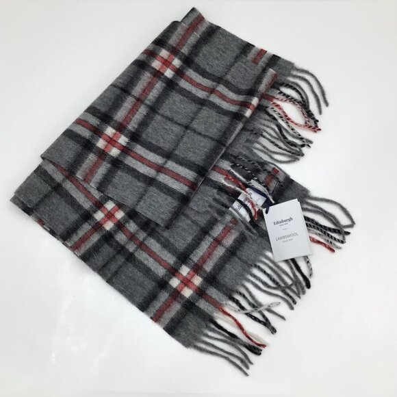 NWT Edinburgh Lambswool Tartan Scarf Thomson Grey Gray 70" Fringed Preppy Plaid - Picture 2 of 10